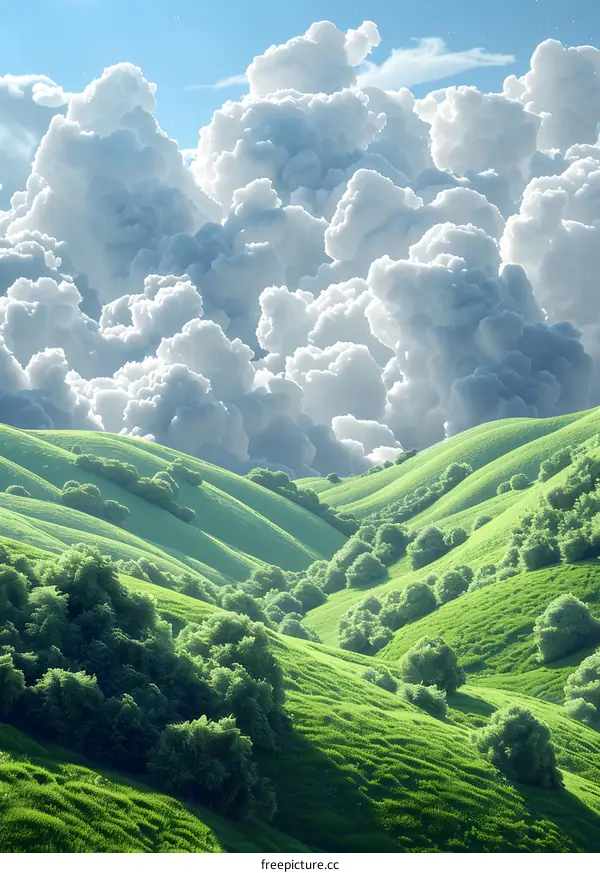 Green rolling hills under a blue sky with white clouds