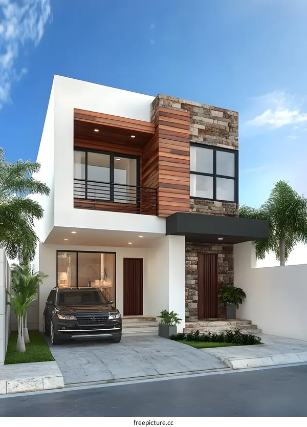 Modern Two Story House Exterior Design with Car in Front