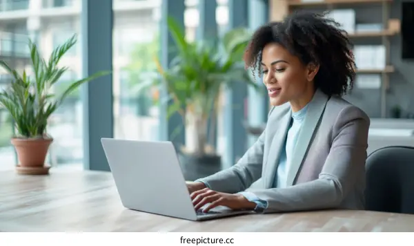 Black businesswoman working on laptop in office