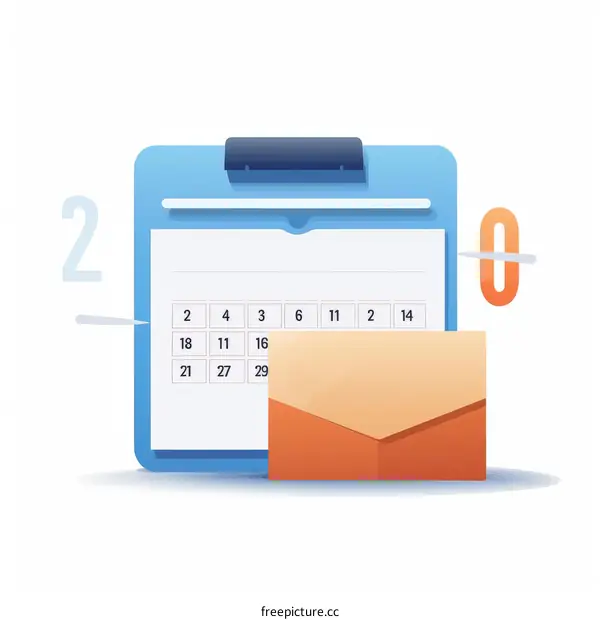 Blue clipboard with a white page and a brown envelope