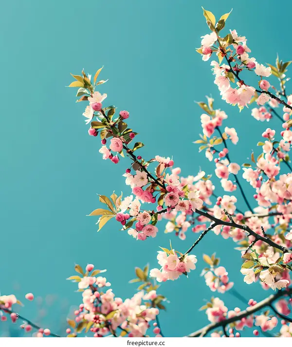 Pink Cherry Blossoms Blooming Against Blue Sky