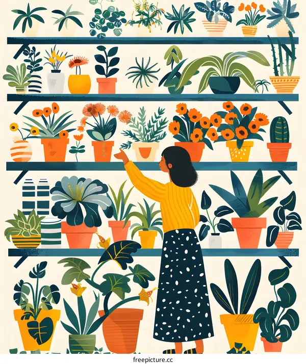 Woman Arranging Plants on Shelves Illustration