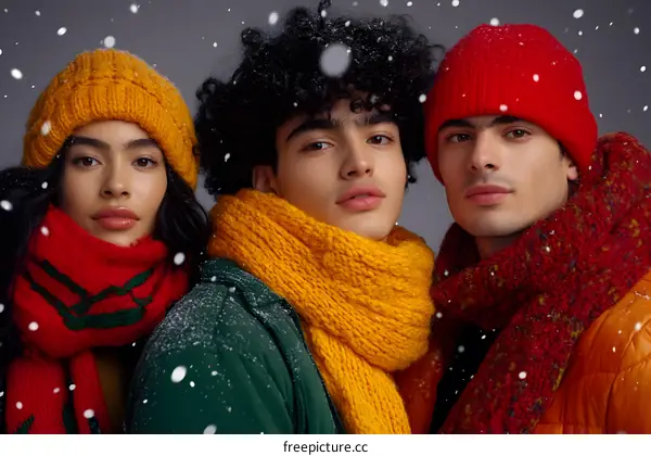Three Friends Wearing Winter Accessories In The Snow