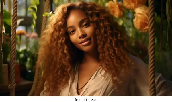 portrait of a beautiful smiling woman with curly hair sitting in a garden