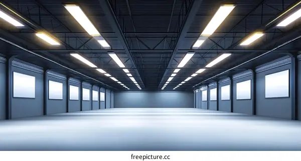 Empty Industrial Warehouse Interior With Fluorescent Lights