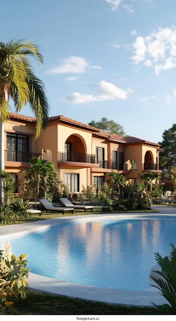 Tropical Resort With Swimming Pool And Palm Trees