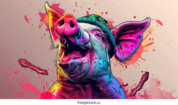 A psychedelic pig with a beanie