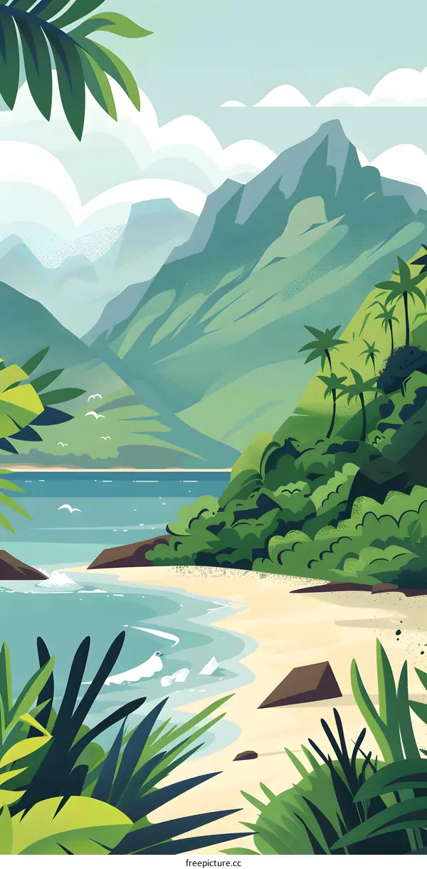 Tropical Beach Landscape Illustration with Mountains, Sea and Palm Trees