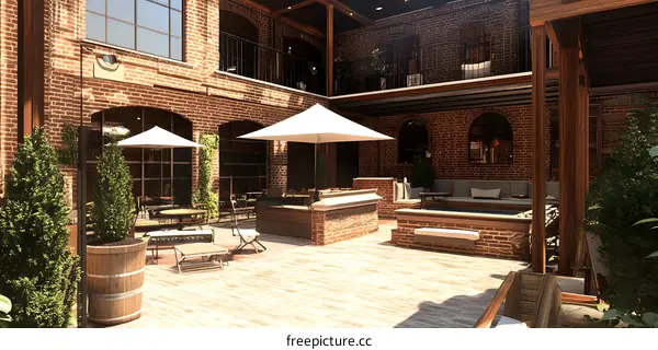 Brick Courtyard with Outdoor Seating and a Hot Tub