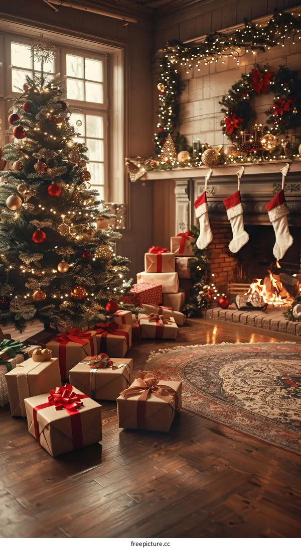 Christmas Tree with Presents by Fireplace in Living Room