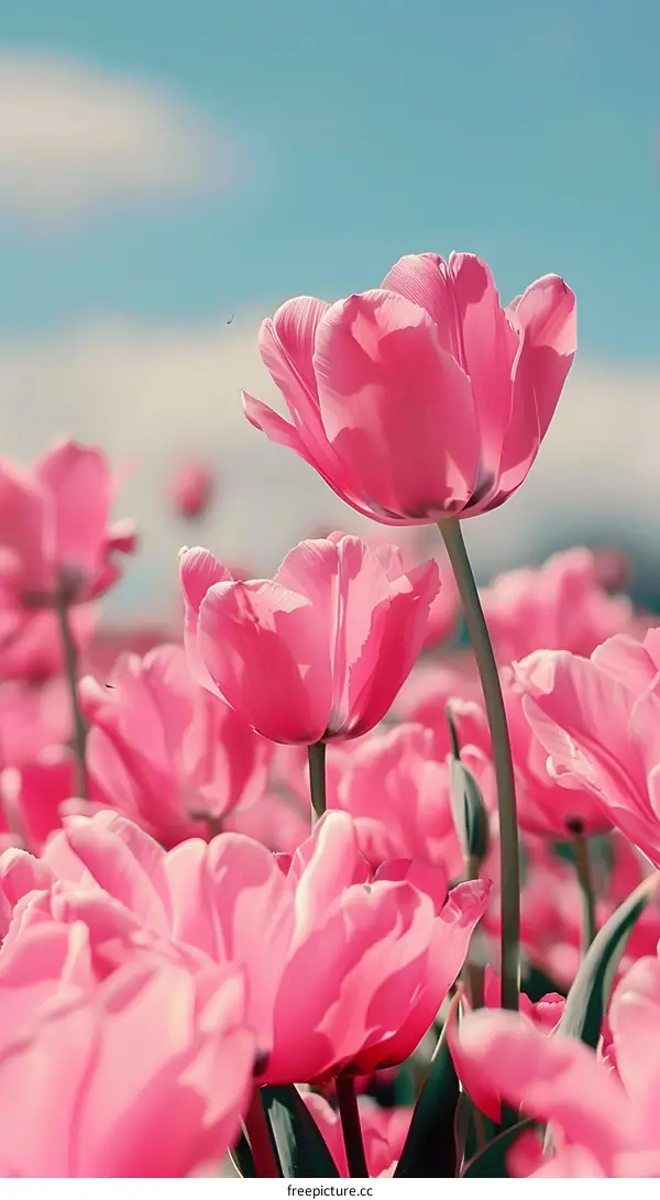 Pink Tulips in the Field Against a Blue Sky