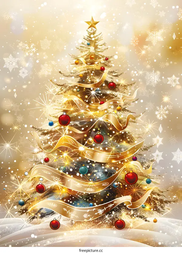 Christmas tree with golden ribbons and ornaments against a snowy background