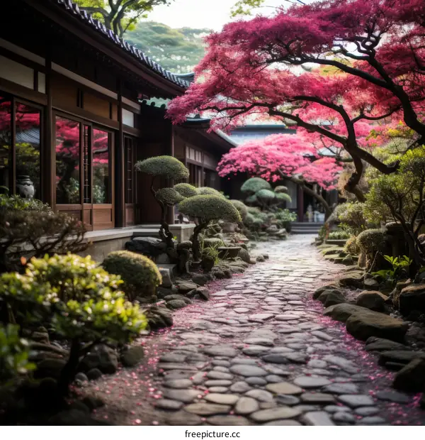 Japanese garden with stone path and pink trees