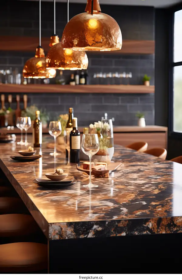 Modern Kitchen Island with Copper Lighting and Marble Top
