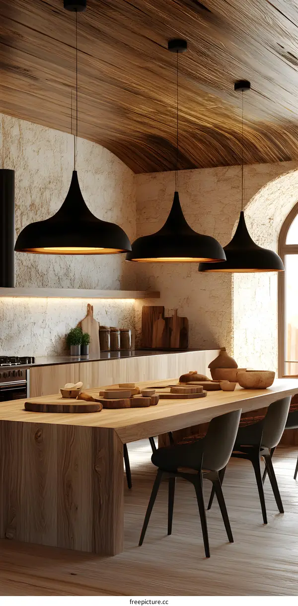 Modern Rustic Kitchen Interior Design with Wooden Ceiling and Pendant Lights