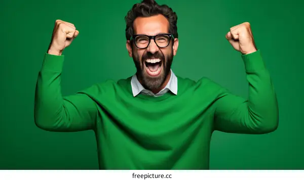 Ecstatic bearded man in glasses celebrating good news