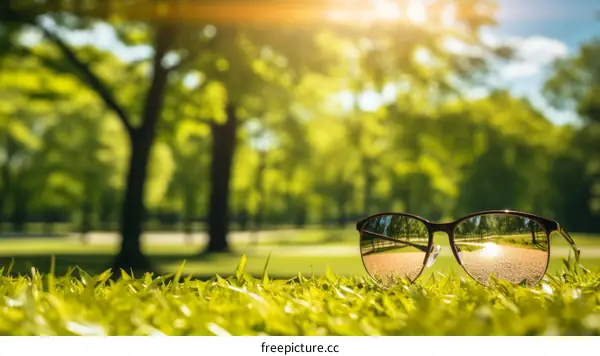 Close-up of brown sunglasses resting on green grass near trees on a sunny day