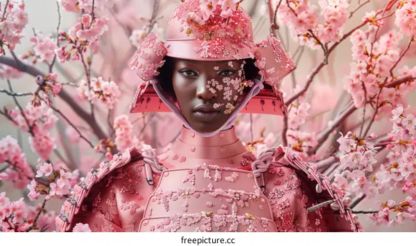 Black Woman in Pink Samurai Armor Surrounded by Cherry Blossoms