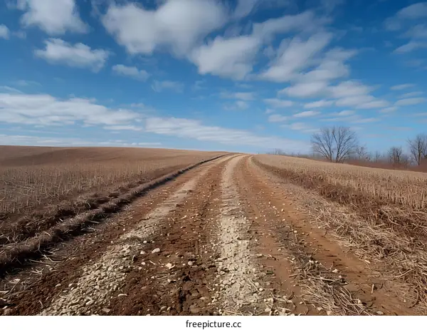 Country Road Through Field with Blue Sky and Clouds