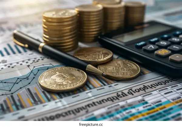 Stacks of physical bitcoins with a calculator and pen on a desk