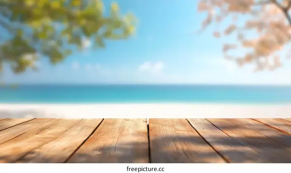 Wooden Tabletop on Beach Background