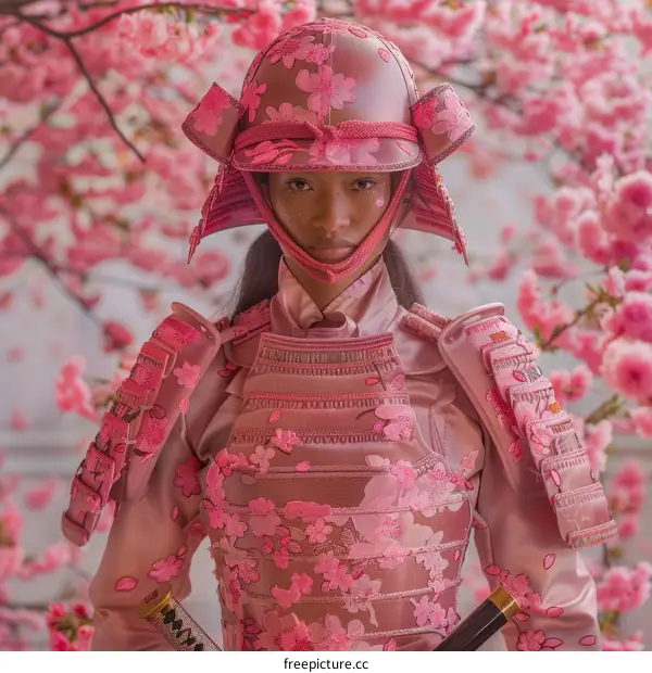 Black woman in pink samurai armor stands in front of a cherry blossom tree