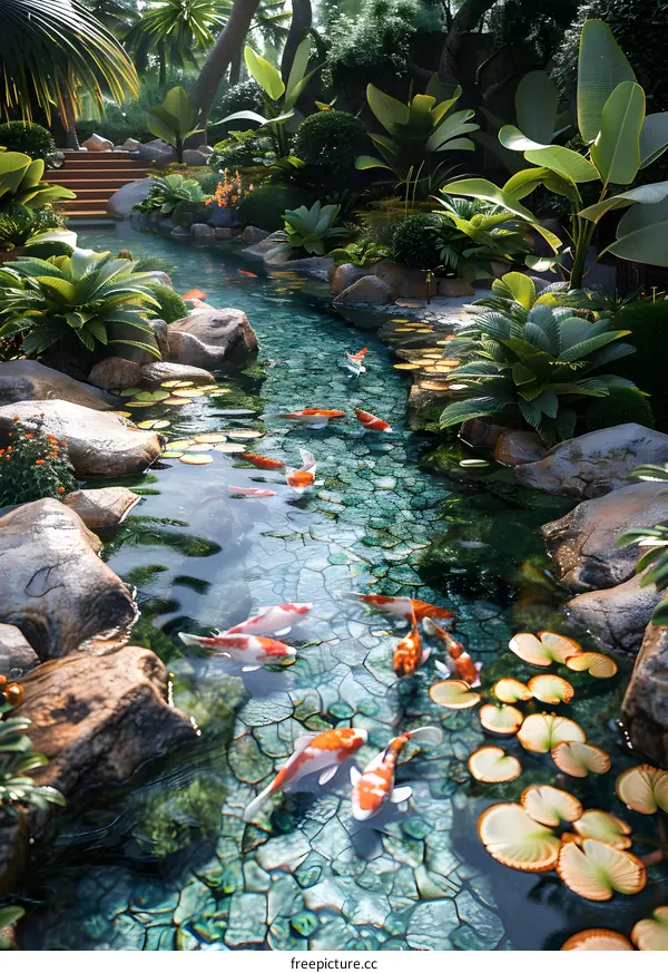 錦鯉在池塘裡游來游去，周圍綠樹環繞，景色優美