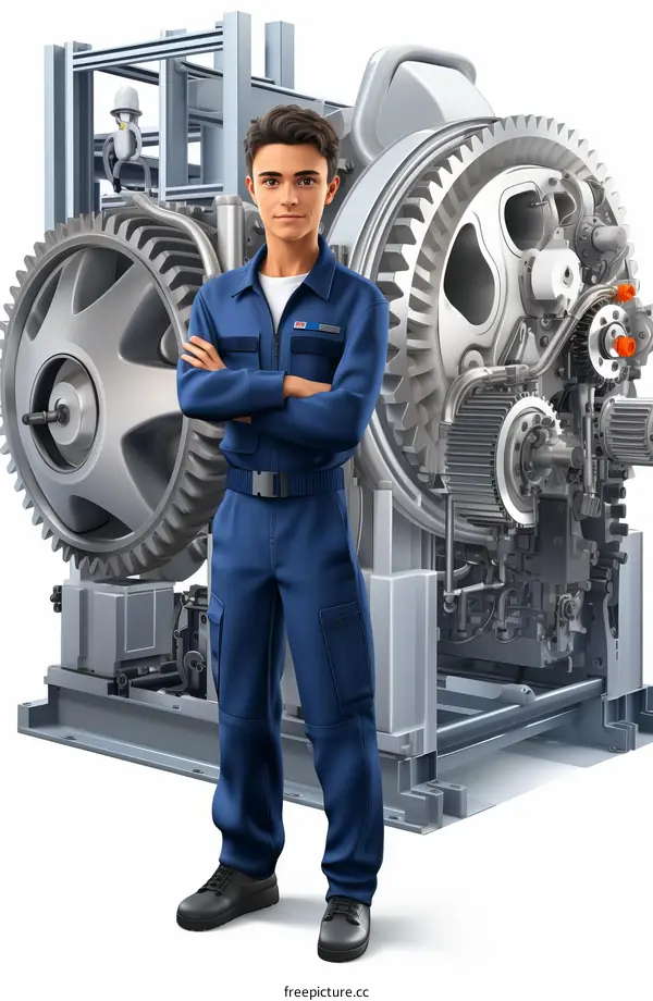 Young male engineer standing in front of a large machine