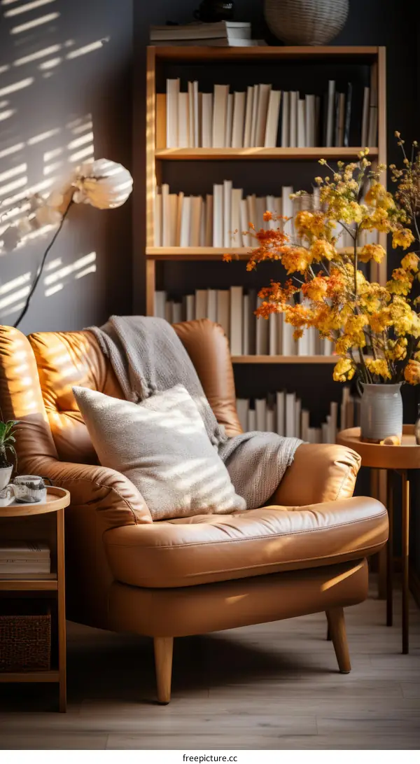 A stylish and comfortable reading nook with a leather armchair, a throw blanket, and a vase of flowers