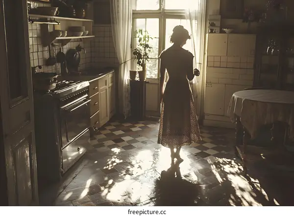 Lady in retro dress standing in the kitchen
