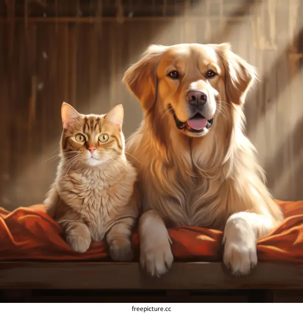 A ginger tabby cat and golden retriever puppy lying together on an orange blanket in a barn
