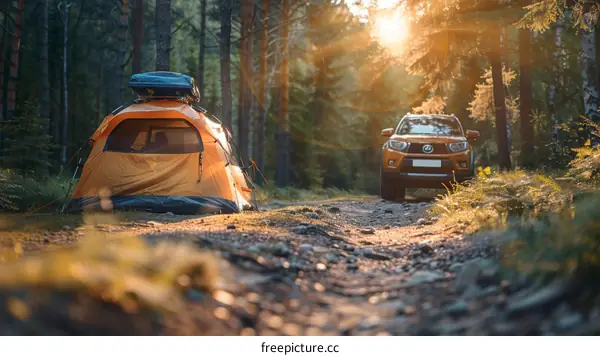 SUV Parked Next to a Tent in the Woods