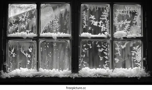 Black and white photograph of frost and snow on a window