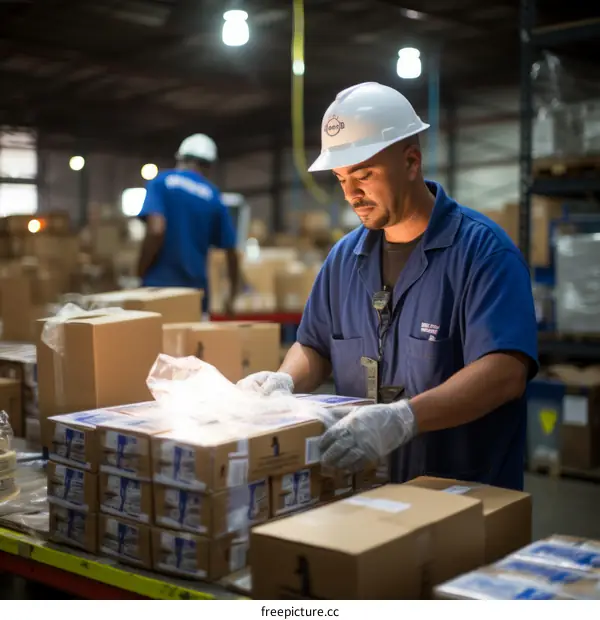 Hispanic warehouse worker wearing hardhat inspecting boxes