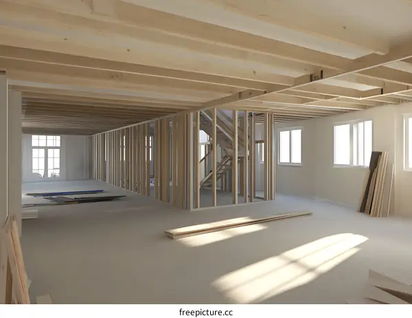 Unfinished House Interior With Wooden Beams and Framing