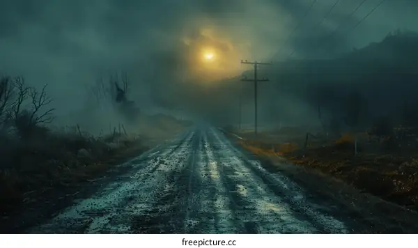 Country Road through a Spooky Forest during a Heavy Downpour