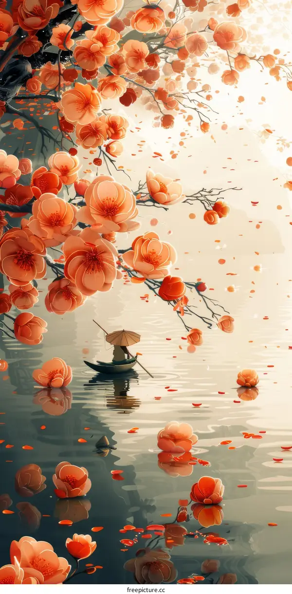 Tranquil Lake Boat with Cherry Blossoms
