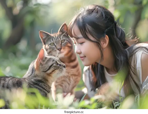 A young Asian woman is sitting on the grass with two cats
