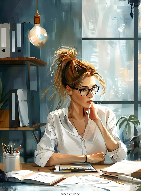 A woman in glasses is sitting at a desk looking thoughtful