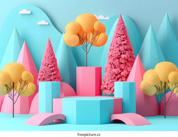 Pink and blue 3D podium with pink and yellow trees and bushes