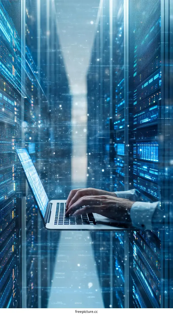 Data Center Server Room with Technician Working