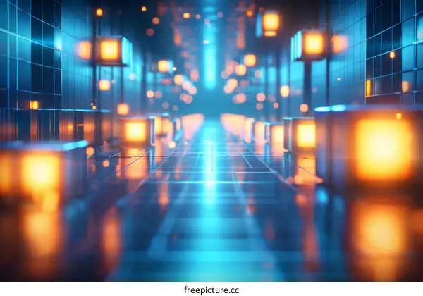 Futuristic Sci-Fi Corridor with Glowing Cubes and Blue Light