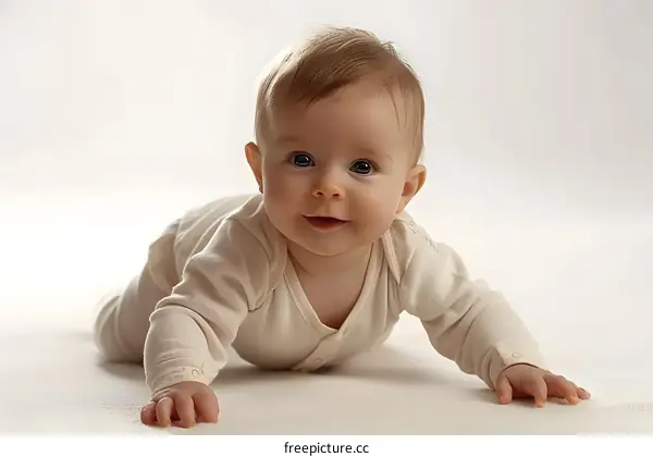 Adorable Baby Girl Crawling on White Background