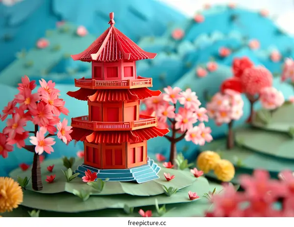 A red pagoda with pink cherry blossoms in a blue landscape
