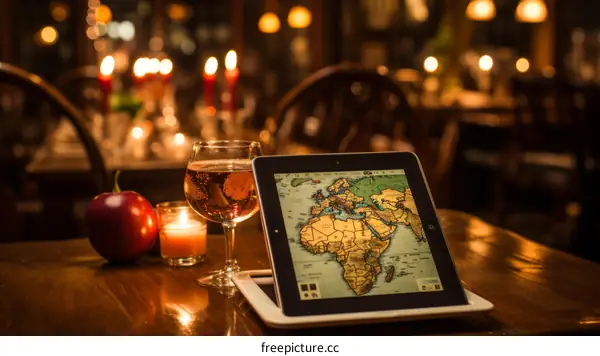 Tablet, Wine, and World Map on a Tabletop