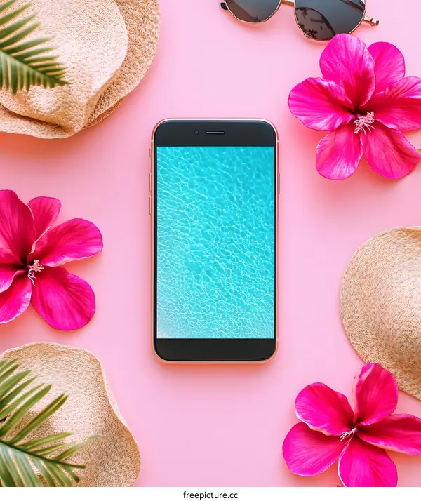 Summer Beach Vacation Flat Lay With Smartphone Sunglasses And Flowers