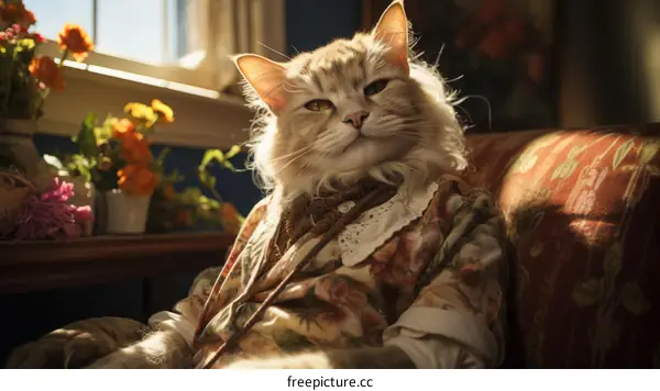 A cat wearing a floral dress is sitting in a chair and looking out the window.