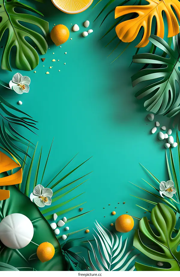 Tropical Leaves and Orange Fruit Flat Lay on Teal Background