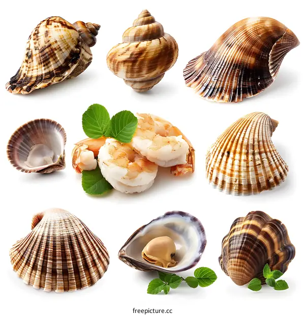 Seashells and shrimp on white background