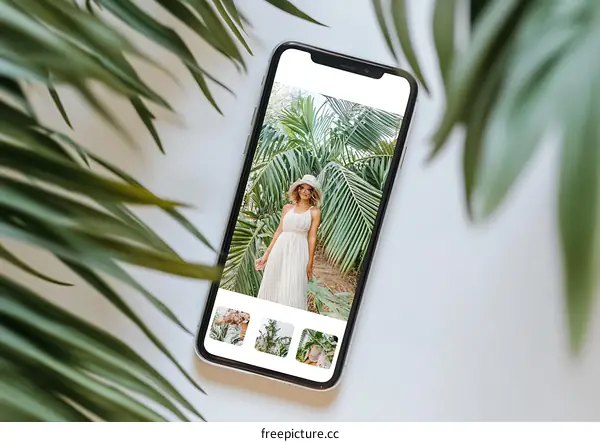 Woman in White Dress Standing in Front of Palm Trees on Phone Screen